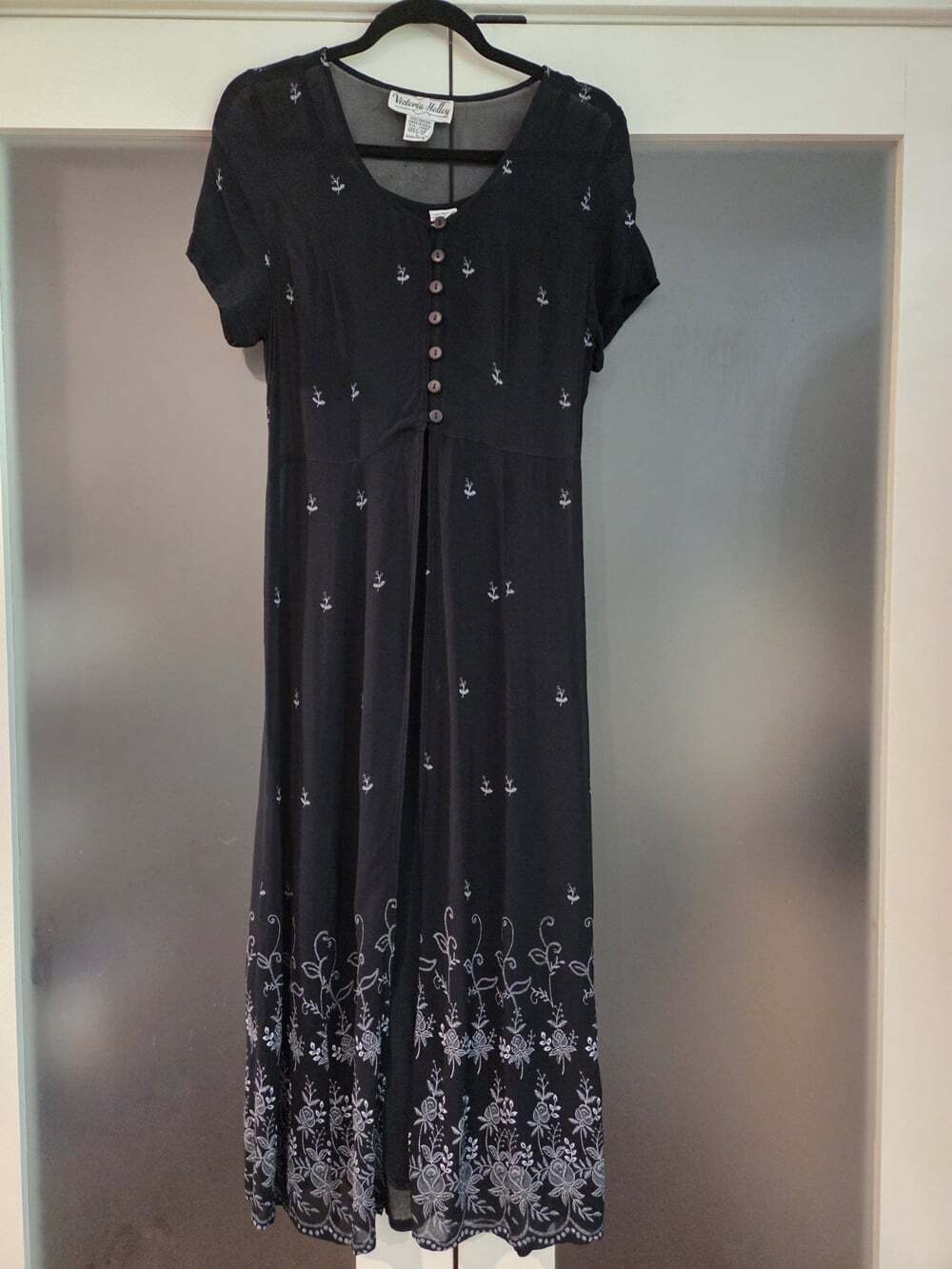 Vtg Victoria Holley Floral Embroidered Maxi Dress Sz L Sheer Overlay Whimsical